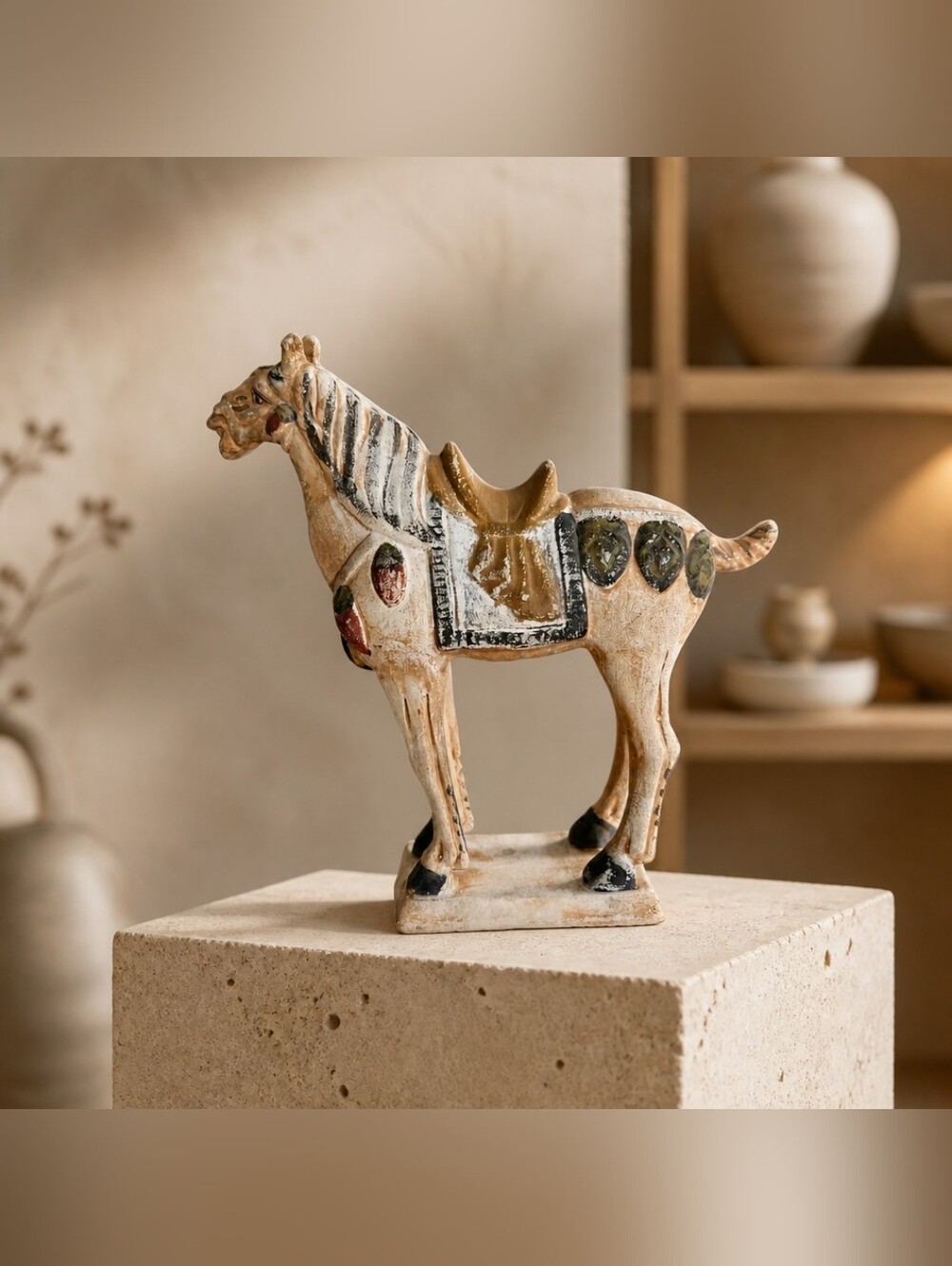 Handcrafted Ceramic Horse Sculpture - Beige Accent Home Art Chinese Tang Dynasty